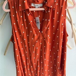 LOFT Sleeveless Top in Orange with White Polka Dots sz L NWT